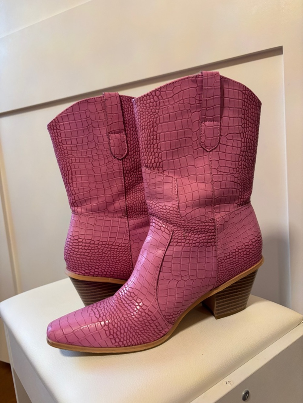 Pink Croc-Effect Western Ankle Boots